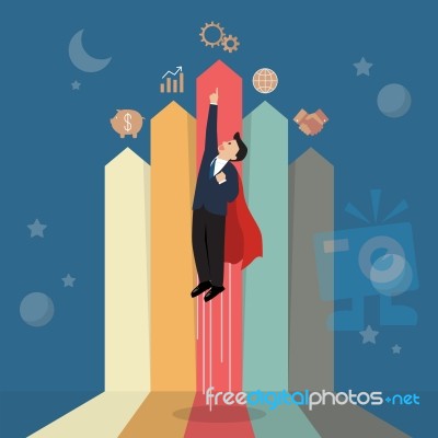 Businessman Superhero With Arrow Bar Chart Stock Image