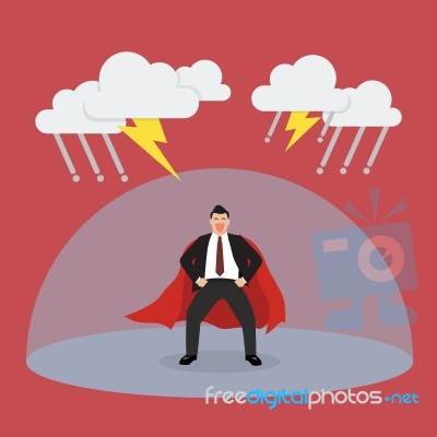 Businessman Superhero With Barrier Protecting From Thunderstorm Stock Image