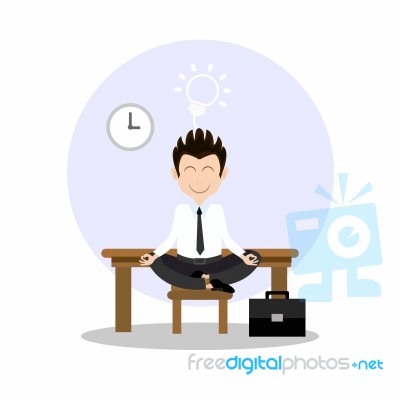 Businessman Thinking During Meditation, Cartoon Flat Background Stock Image