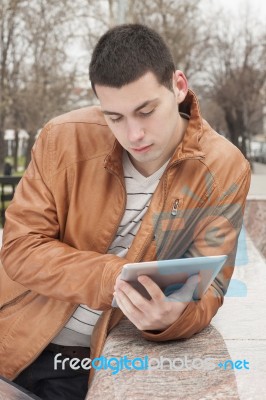 Businessman Touching Screen Tablet Pc Stock Photo