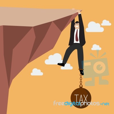 Businessman Try Hard To Hold On The Cliff With Tax Burden Stock Image