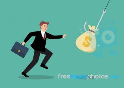 Businessman Try To Pick Money Bag From Hook Trap Stock Image