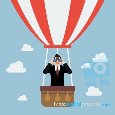 Businessman Use Binoculars Looking For Business On Hot Air Ballo… Stock Image