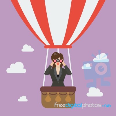 Businessman Use Binoculars Looking For Business On Hot Air Ballo… Stock Image