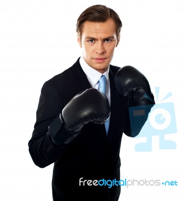 Businessman Wearing Boxing Gloves Stock Photo