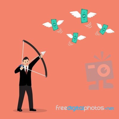 Businessman With A Bow And Arrow Hitting The Money Fly Stock Image