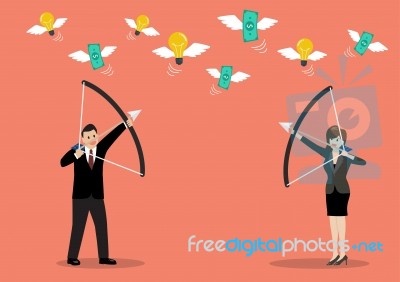 Businessman With A Bow And Arrow Hitting The Money Fly Stock Image