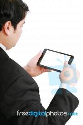 Businessman With Blank Touchpad Pc Stock Photo