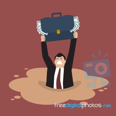 Businessman With Briefcase Full Of Money Sinking In A Quicksand Stock Image