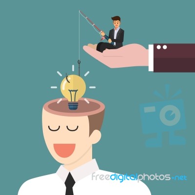 Businessman With Fishing Rod Stealing Lightbulb Idea From A Head… Stock Image