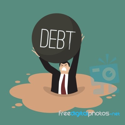 Businessman With Heavy Debt Sinking In A Quicksand Stock Image