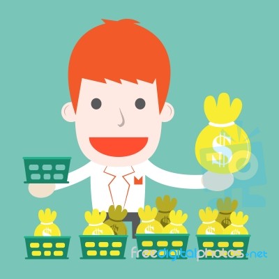 Businessman With Invested Basket, Cartoon Business Stock Image