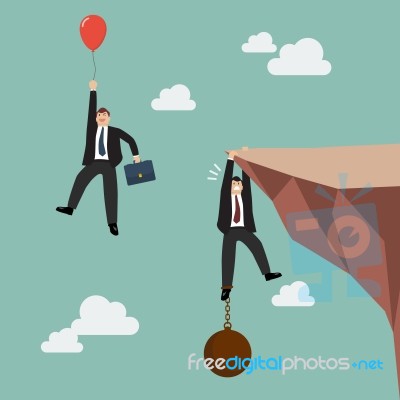 Businessman With Red Balloon Fly Pass Businessman Hold On The Cl… Stock Image