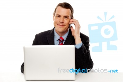 Businessman Working And Talking On Cell Phone Stock Photo