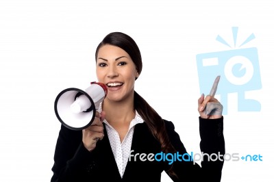 Businesss Woman Talking Over Mega Phone Stock Photo