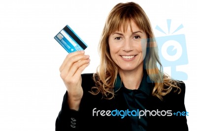 Businesswoman Displaying Cash Card Stock Photo