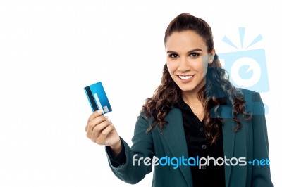 Businesswoman Displaying Her Cash Card Stock Photo