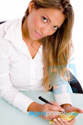 Businesswoman Holding Notepad Stock Photo