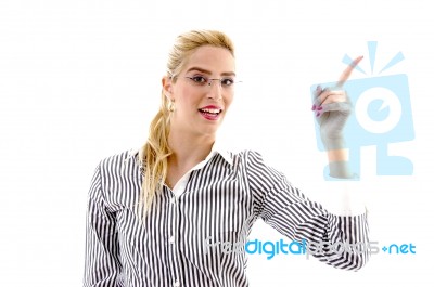 Businesswoman Pointing Up Stock Photo