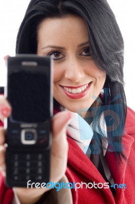 Businesswoman Showing Cell Phone Stock Photo