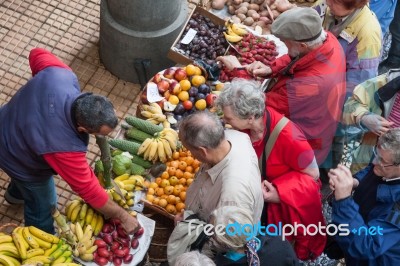 Bustling Fruit And Vegetable Market In Funchal Stock Photo