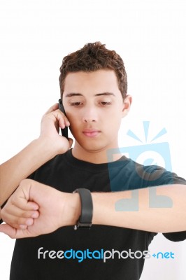 Busy Young Man Using Mobile Stock Photo