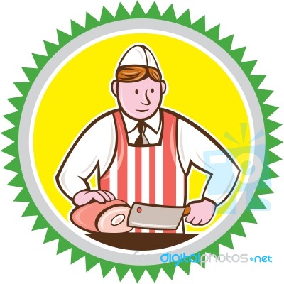 Butcher Chopping Ham Rosette Cartoon Stock Image