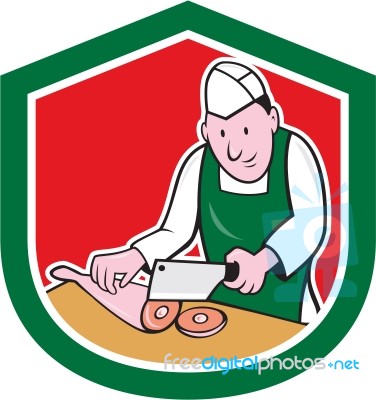 Butcher Chopping Meat Shield Cartoon Stock Image