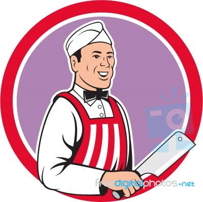 Butcher Holding Meat Cleaver Circle Cartoon Stock Image