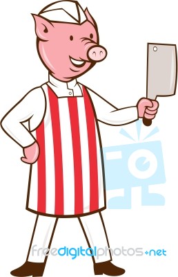 Butcher Pig Holding Meat Cleaver Cartoon Stock Image