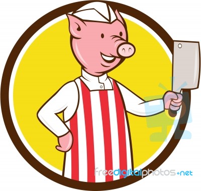 Butcher Pig Holding Meat Cleaver Circle Cartoon Stock Image