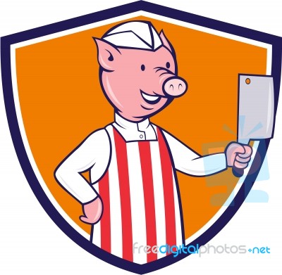 Butcher Pig Holding Meat Cleaver Crest Cartoon Stock Image