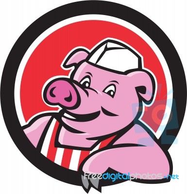 Butcher Pig Leaning Circle Cartoon Stock Image