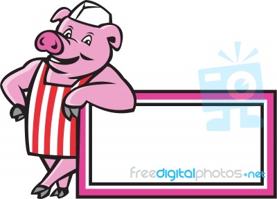 Butcher Pig Leaning On Sign Cartoon Stock Image