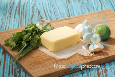 Butter Herb Coriander Garlic Lemon Green Onion Fresh Stock Photo