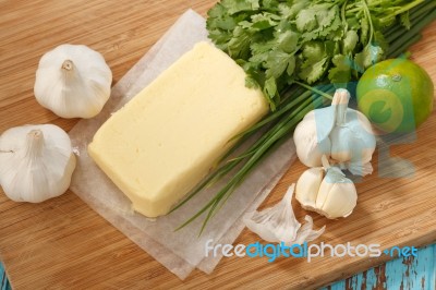 Butter Herb Coriander Garlic Lemon Green Onion Fresh Stock Photo