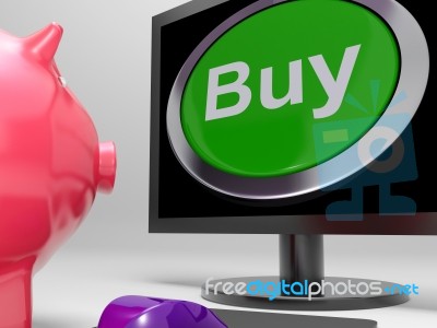 Buy Button Screen Shows Online Retail Trade Stock Image