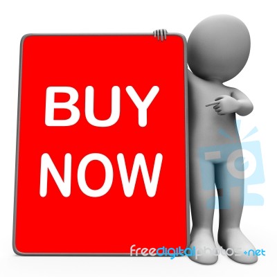 Buy Now Character Tablet Showing Buy And Purchase Immediately Stock Image