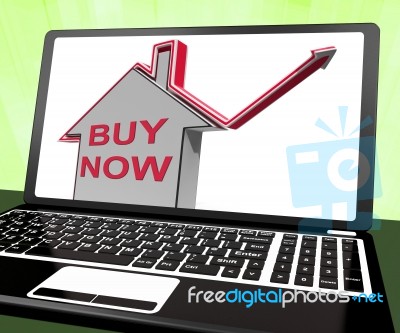 Buy Now House Laptop Shows Real Estate On Market Stock Image