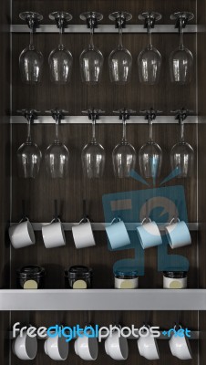 Cabinet Of Wine Glasses And Cups Stock Photo