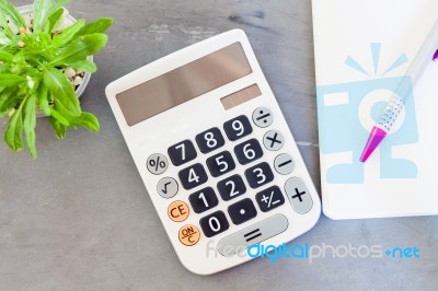 Calculator, Notepad,  Pen And Green Plant On Grey Background Stock Photo