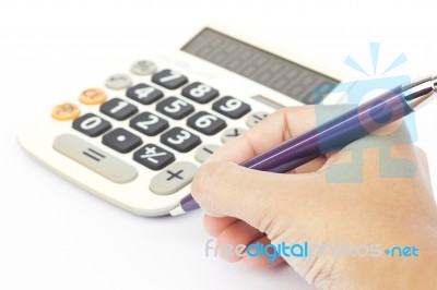 Calculator With Hand Isolated On White Background Stock Photo