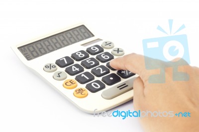 Calculator With Hand Isolated On White Background Stock Photo