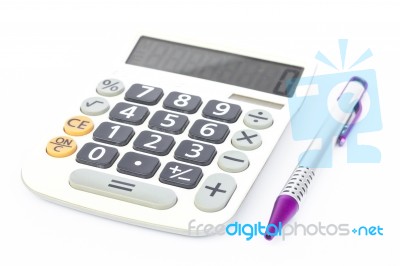 Calculator With Pen Isolated On White Background Stock Photo