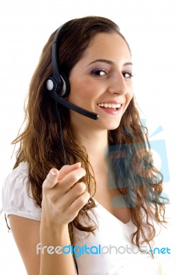 Call Center Female Pointing At Camera Stock Photo