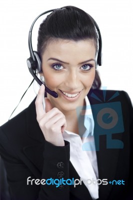 Call Center Woman Dealing With The Customer Wearing Headset Stock Photo