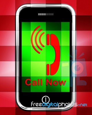 Call Now On Phone Displays Talk Or Chat Stock Image