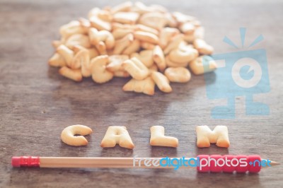 Calm Alphabet Biscuit On Wooden Table Stock Photo