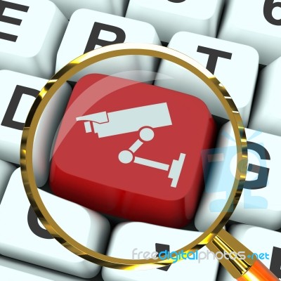 Camera Key Magnified Shows Cctv And Web Security Stock Image