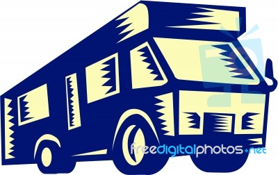 Camper Van Motor Home Woodcut Stock Image